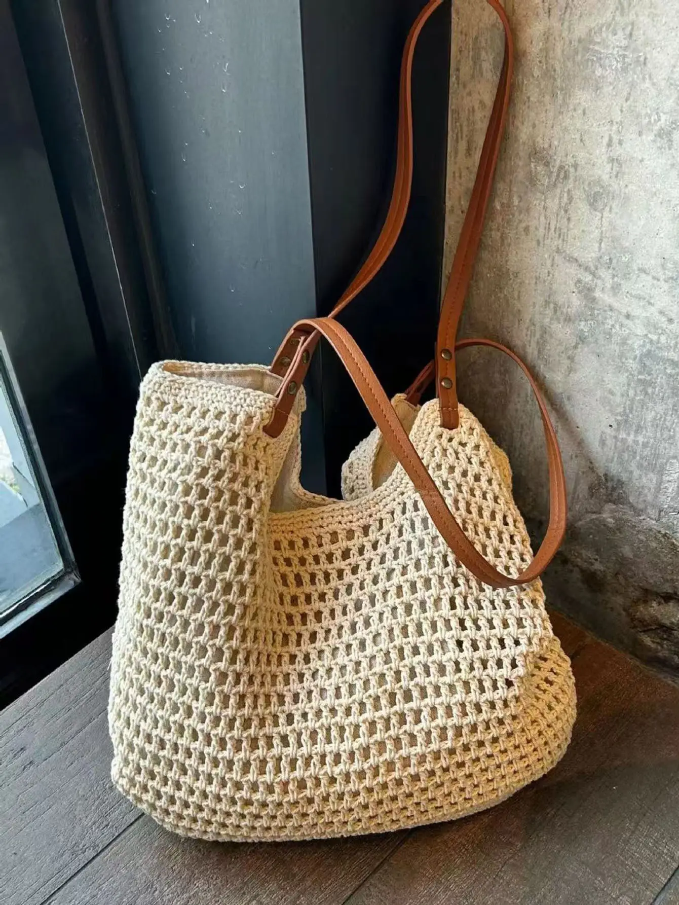 Women's Cotton Woven Tote Bag with Hollow Mesh Design — feature 8