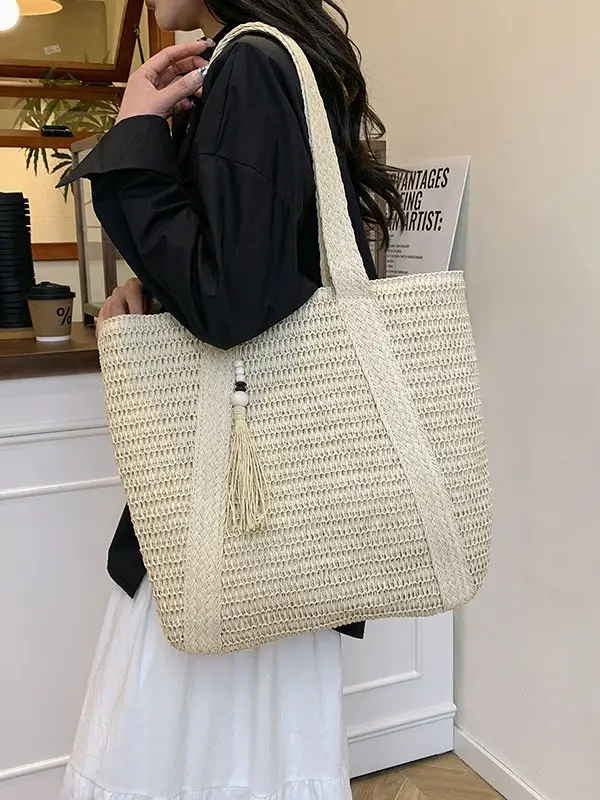 Women Straw Tote Bag Large Capacity Seaside Woven Beige - Image 3