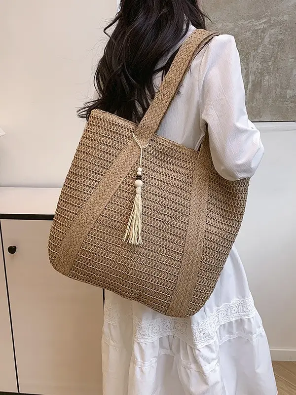 Women Straw Tote Bag Large Capacity Seaside Woven Beige - Image 4
