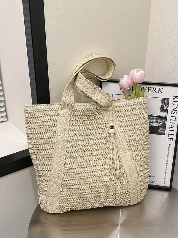 Women Straw Tote Bag Large Capacity Seaside Woven Beige - Image 5