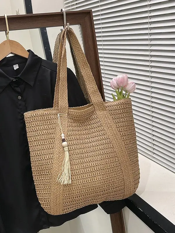Women Straw Tote Bag Large Capacity Seaside Woven Beige - Image 6