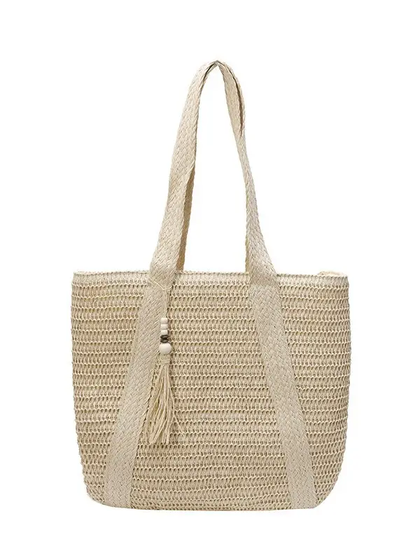 Women Straw Tote Bag Large Capacity Seaside Woven Beige - Image 7