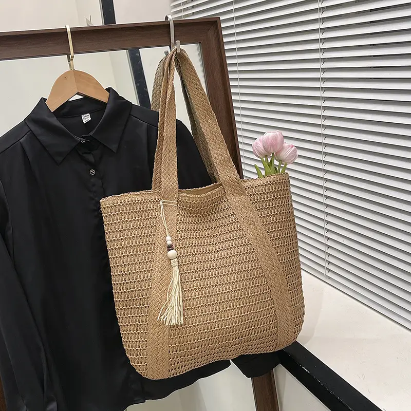 Women Straw Tote Bag Large Capacity Seaside Woven Beige - Image 2