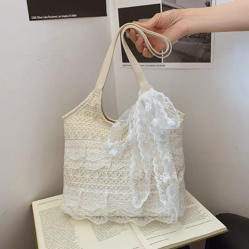 Women's White Lace Shoulder Tote Bag Large Capacity - Image 3