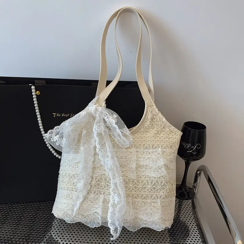Women's White Lace Shoulder Tote Bag Large Capacity - Image 4