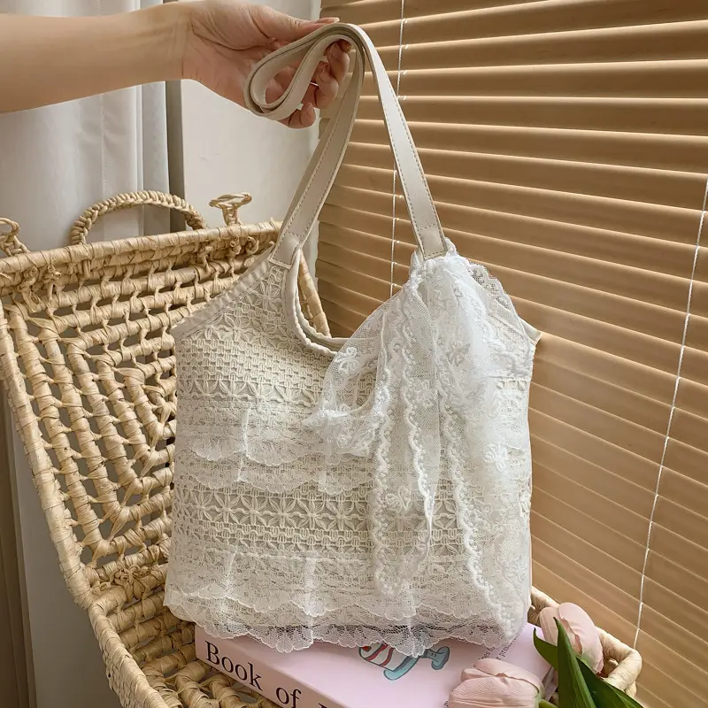 Women's White Lace Shoulder Tote Bag Large Capacity - Image 6
