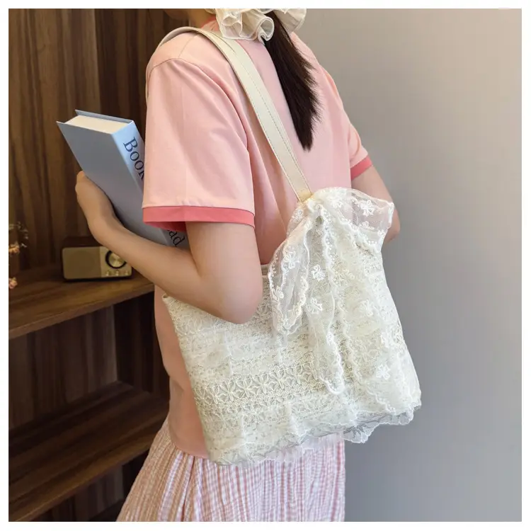 Women's White Lace Shoulder Tote Bag Large Capacity — feature 10