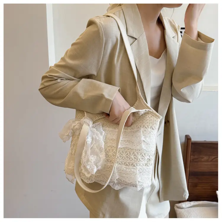 Women's White Lace Shoulder Tote Bag Large Capacity — feature 11