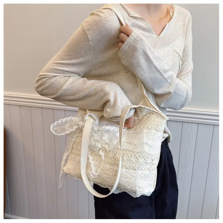 Women's White Lace Shoulder Tote Bag Large Capacity — feature 12