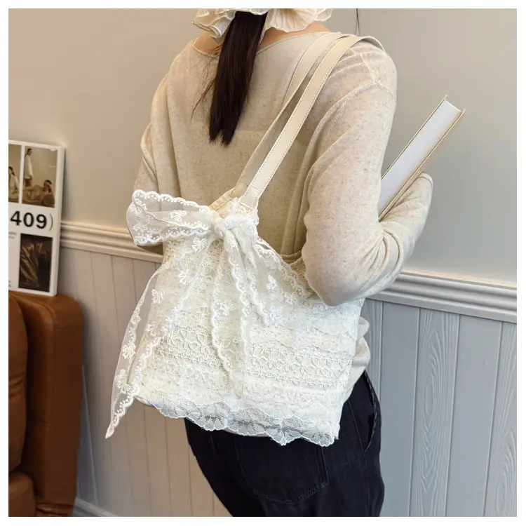 Women's White Lace Shoulder Tote Bag Large Capacity — feature 13