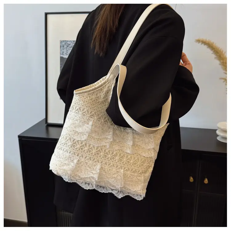 Women's White Lace Shoulder Tote Bag Large Capacity — feature 14