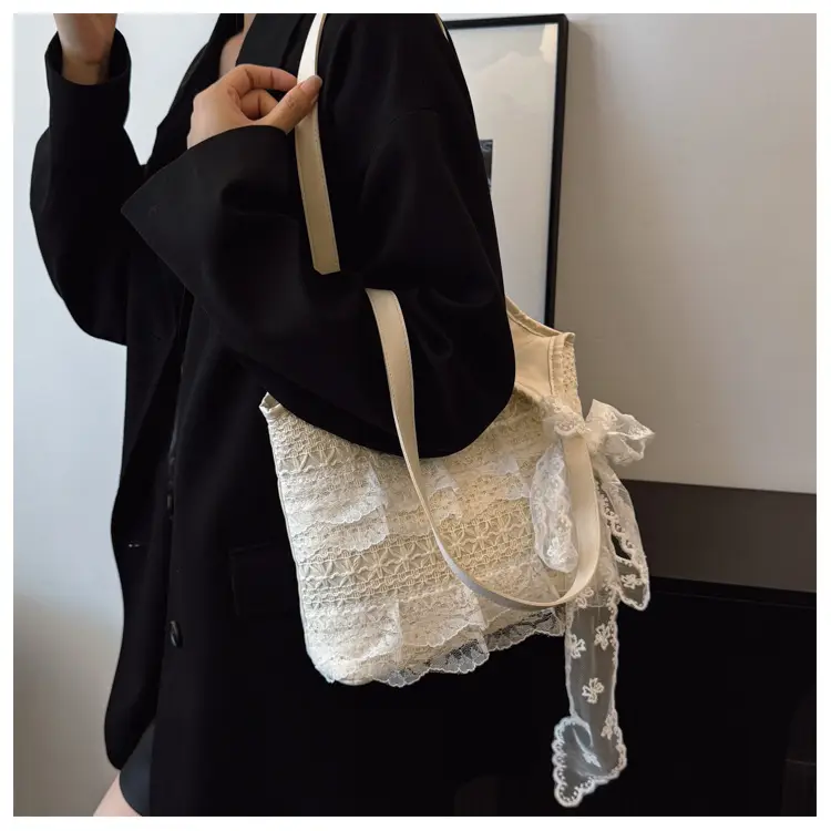 Women's White Lace Shoulder Tote Bag Large Capacity — feature 15