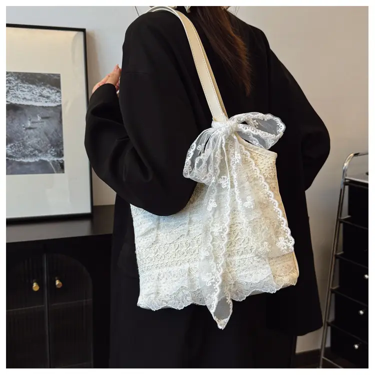 Women's White Lace Shoulder Tote Bag Large Capacity — feature 16