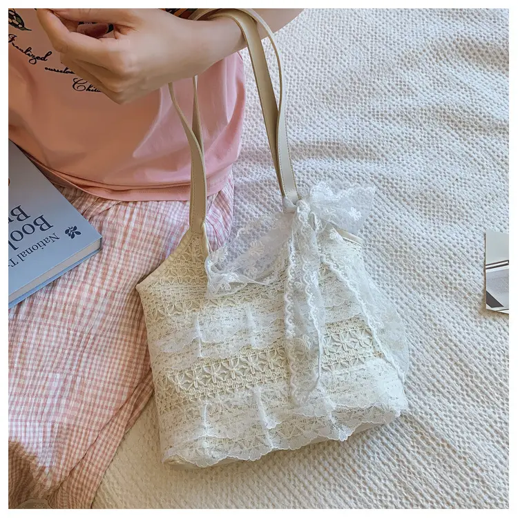 Women's White Lace Shoulder Tote Bag Large Capacity — feature 8