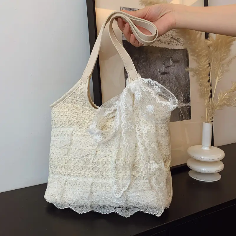 Women's White Lace Shoulder Tote Bag Large Capacity - Image 2