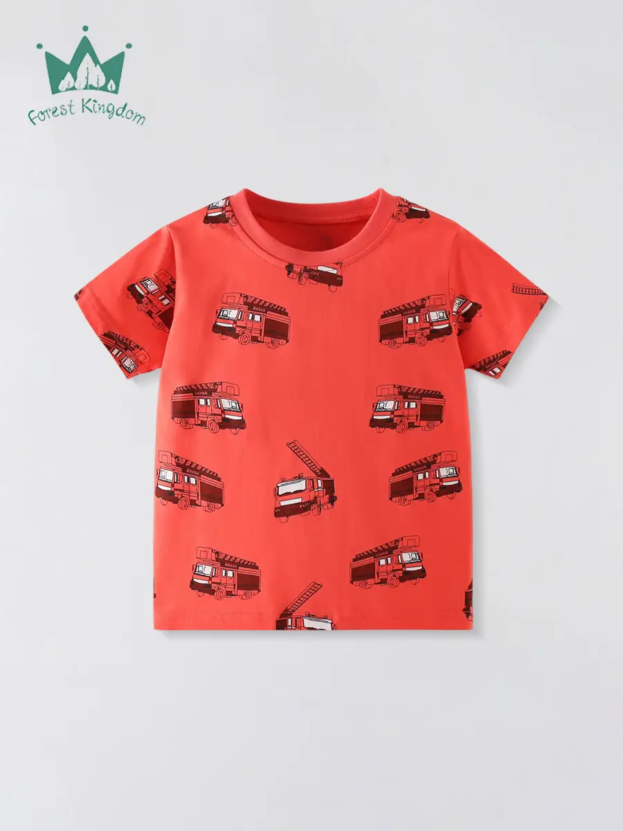 2025 Kids Cartoon Car T-Shirt Red Short Sleeve Cotton