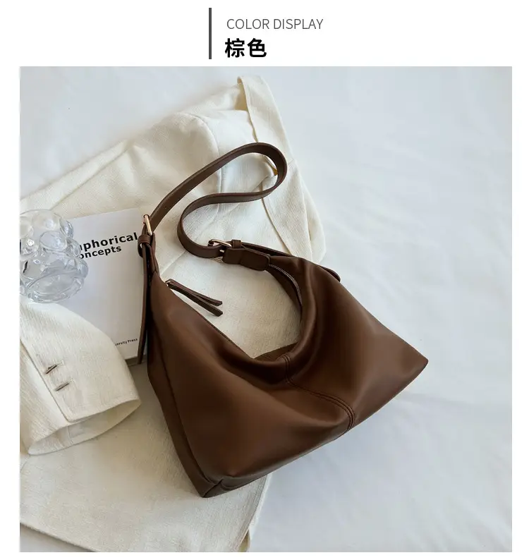 Brown Leather Shoulder Bag with Metal Handle — feature 13