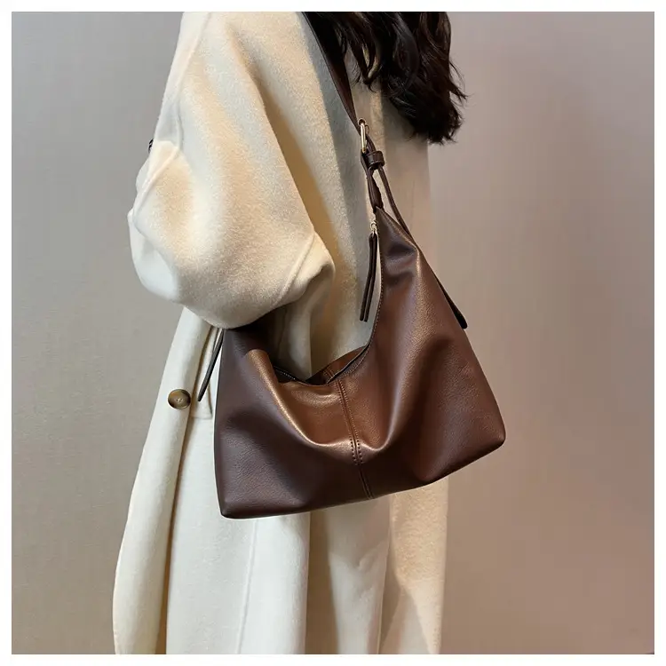 Brown Leather Shoulder Bag with Metal Handle — feature 14