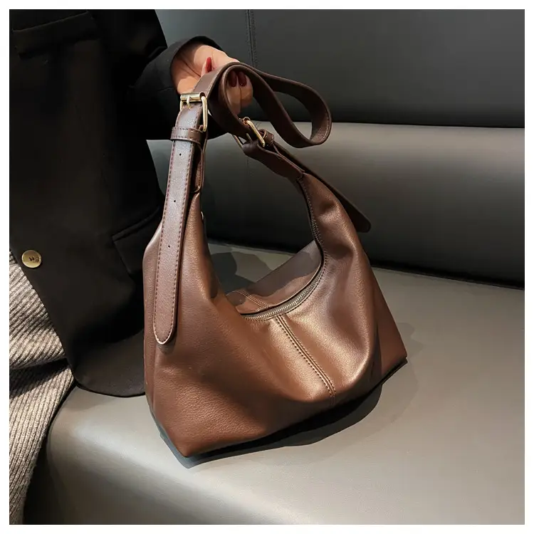 Brown Leather Shoulder Bag with Metal Handle — feature 23