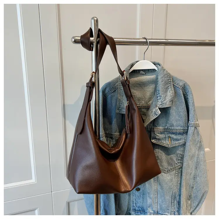 Brown Leather Shoulder Bag with Metal Handle — feature 27