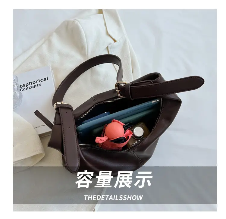 Brown Leather Shoulder Bag with Metal Handle — feature 7