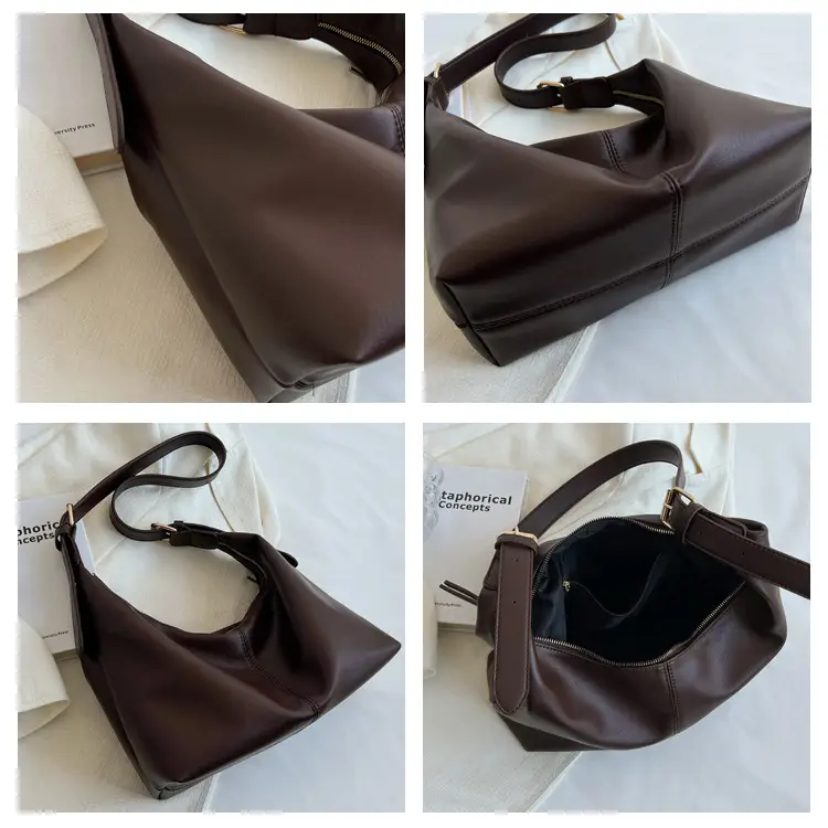 Brown Leather Shoulder Bag with Metal Handle — feature 8