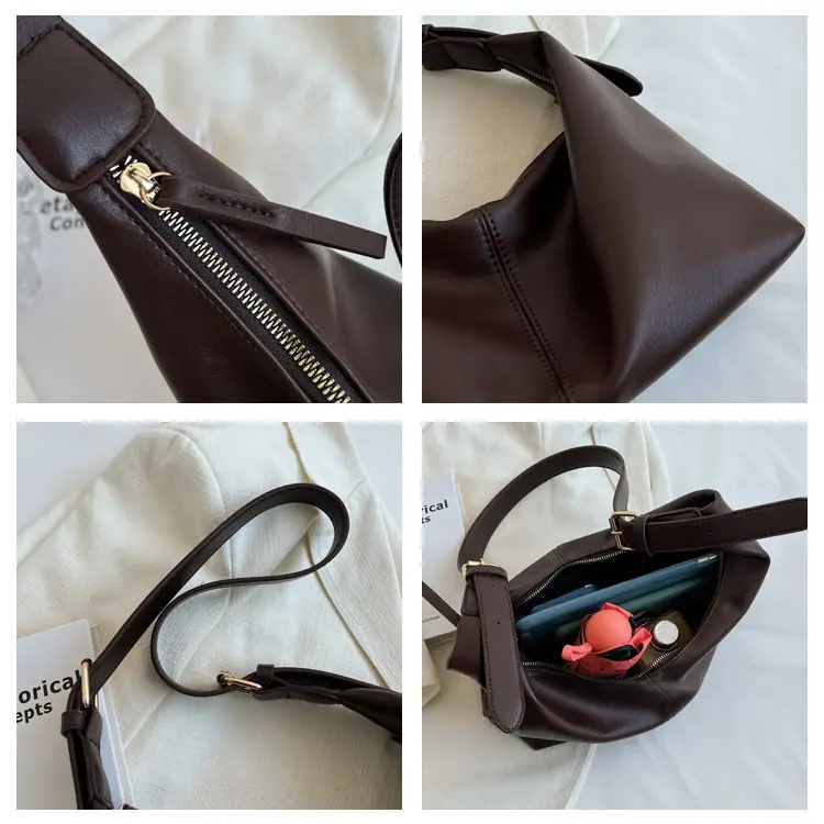 Brown Leather Shoulder Bag with Metal Handle — feature 9