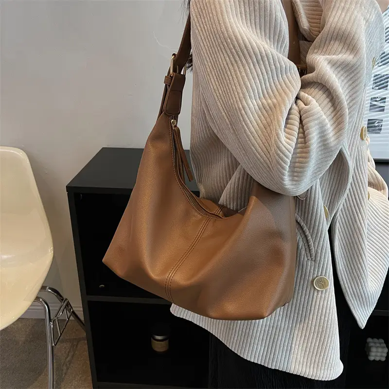 Brown Leather Shoulder Bag with Metal Handle - Image 3