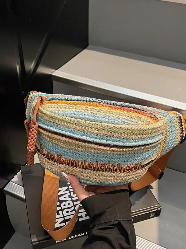 Women Crossbody Bag Gray Striped Embroidered 2025 - Image 4
