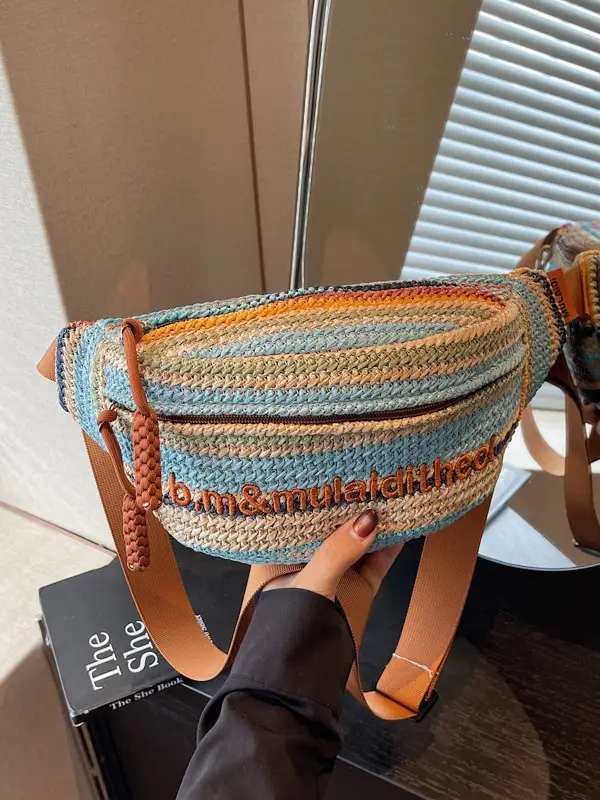 Women Crossbody Bag Gray Striped Embroidered 2025 - Image 5