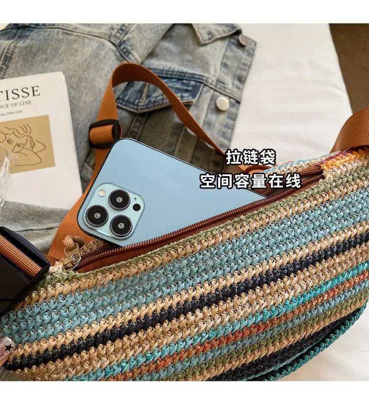 Women Crossbody Bag Gray Striped Embroidered 2025 — feature 7