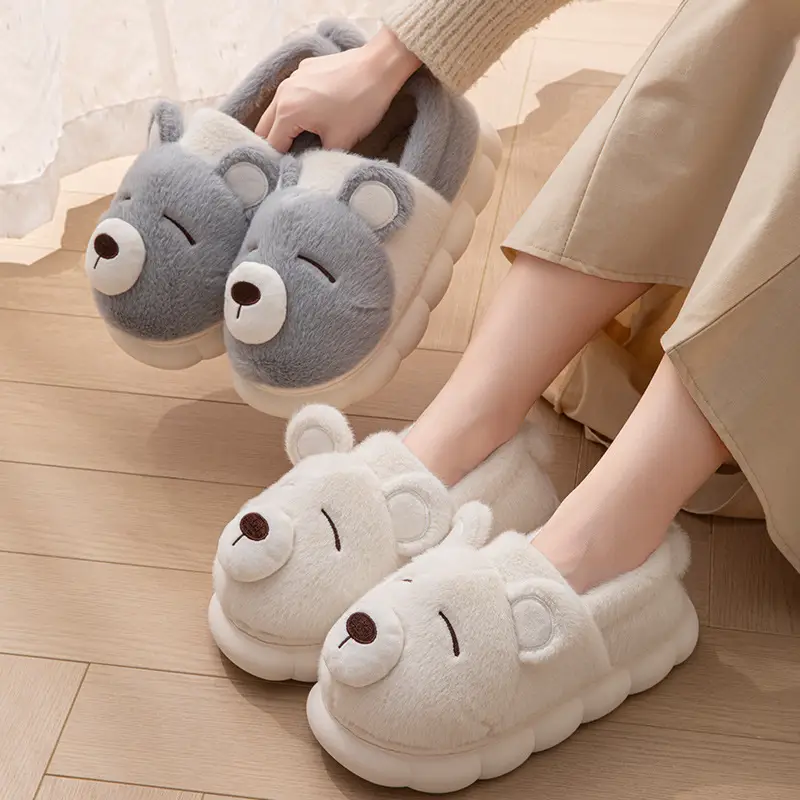 Cute Bear Cotton Slippers for Women in Autumn and Winter Cartoon All-Inclusive and Outer Wear Thick-Soled Warm Couple Outer Wear Cotton Shoes for All Seasons