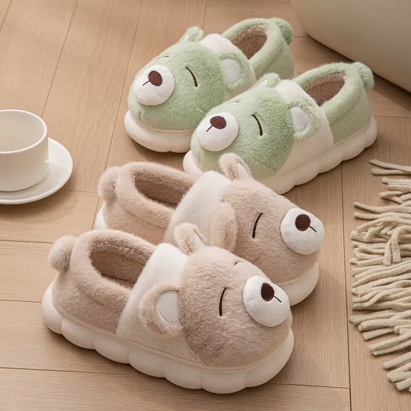 Cute Bear Cotton Slippers for Women in Autumn and Winter Cartoon All-Inclusive and Outer Wear Thick-Soled Warm Couple Outer Wear Cotton Shoes for All Seasons