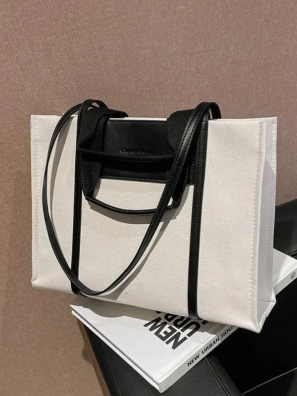 Cross-Border Canvas Shoulder Bag for Women Black White