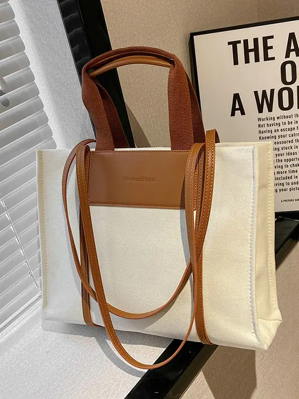 Cross-Border Canvas Shoulder Bag for Women Black White