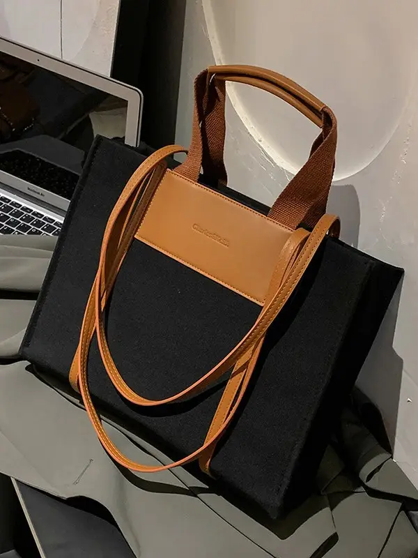 Cross-Border Canvas Shoulder Bag for Women Black White