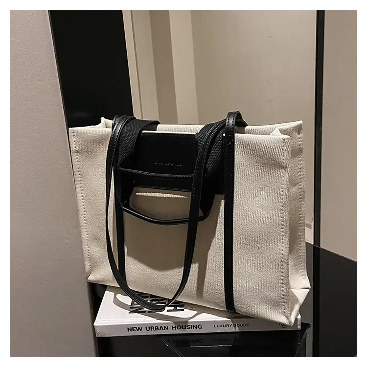 Cross-Border Canvas Shoulder Bag for Women Black White — feature 15