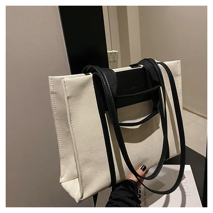 Cross-Border Canvas Shoulder Bag for Women Black White — feature 16