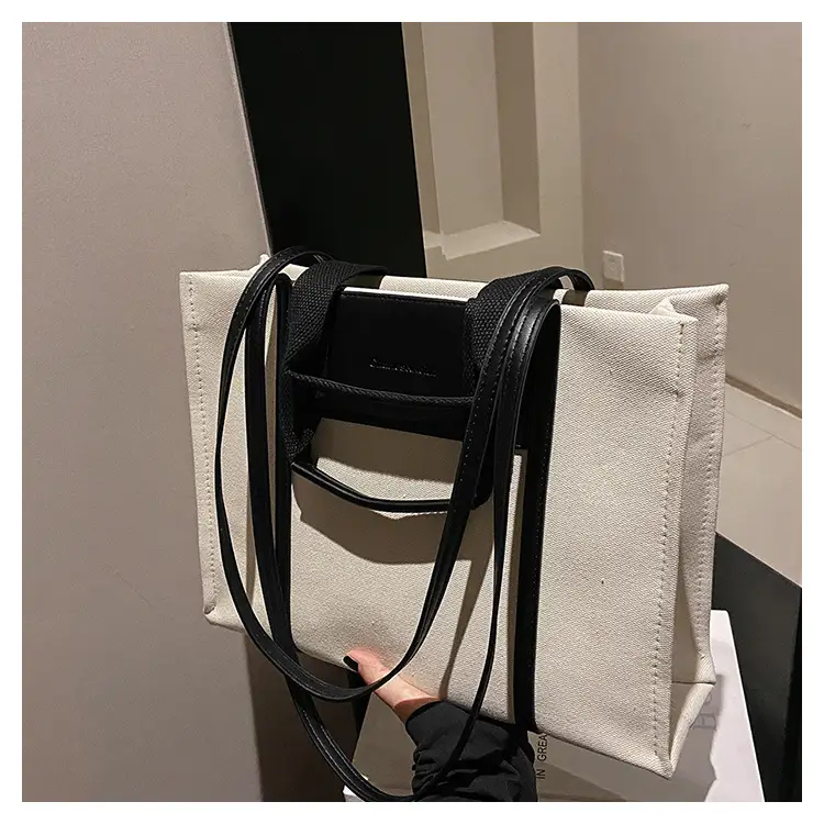 Cross-Border Canvas Shoulder Bag for Women Black White — feature 17