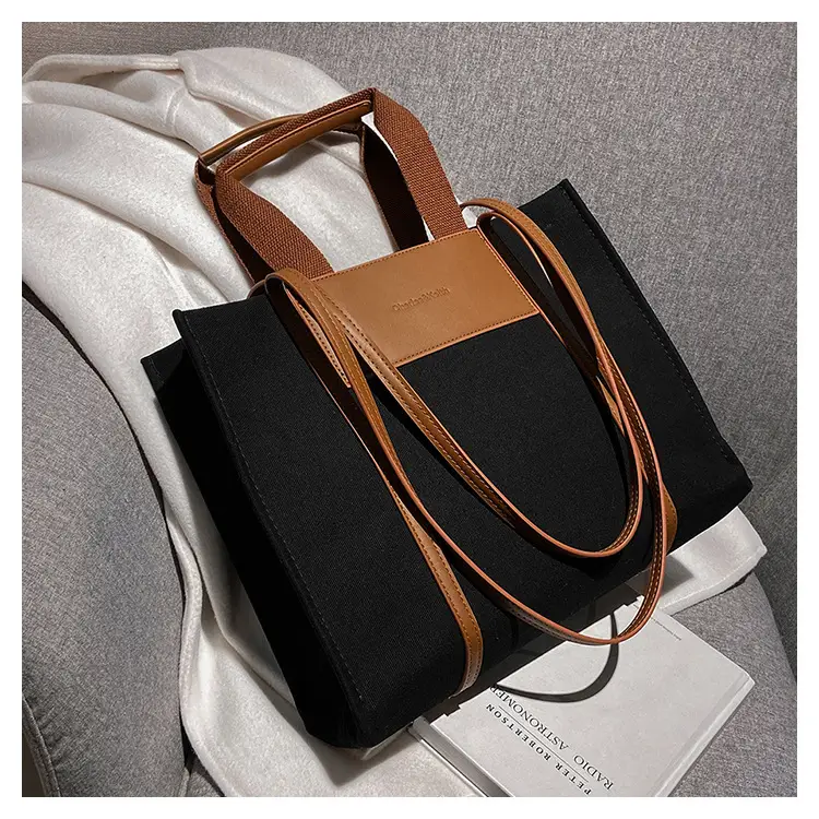 Cross-Border Canvas Shoulder Bag for Women Black White — feature 44