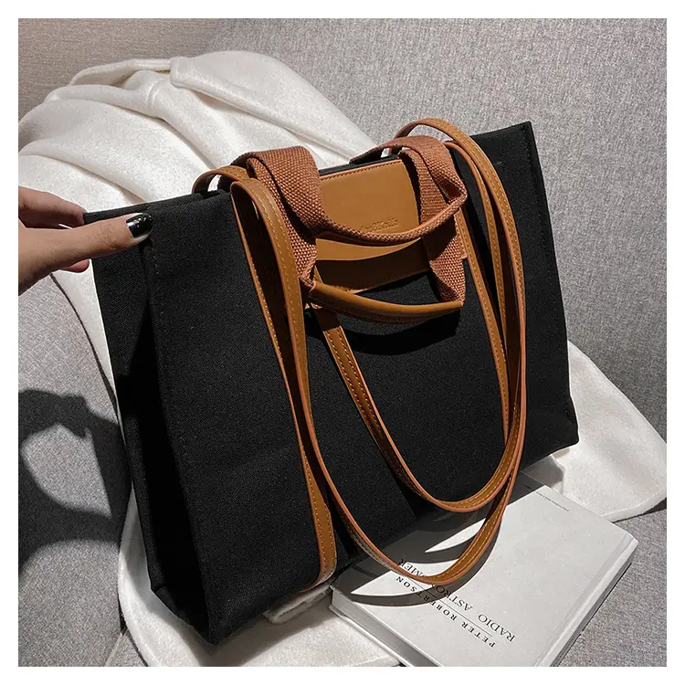 Cross-Border Canvas Shoulder Bag for Women Black White — feature 45