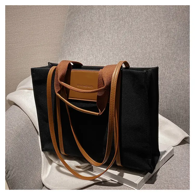 Cross-Border Canvas Shoulder Bag for Women Black White — feature 46