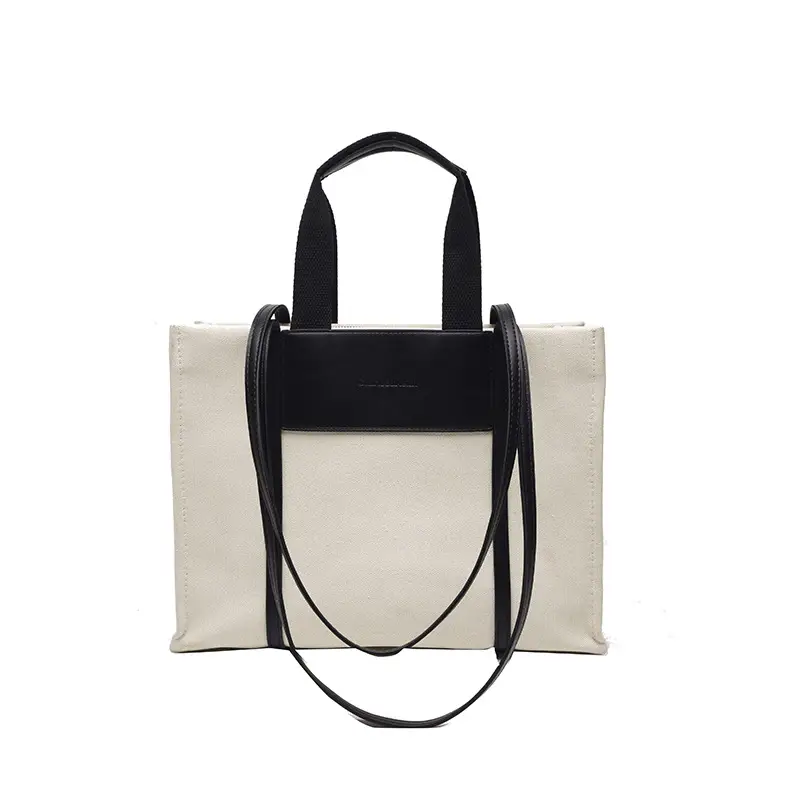 Cross-Border Canvas Shoulder Bag for Women Black White