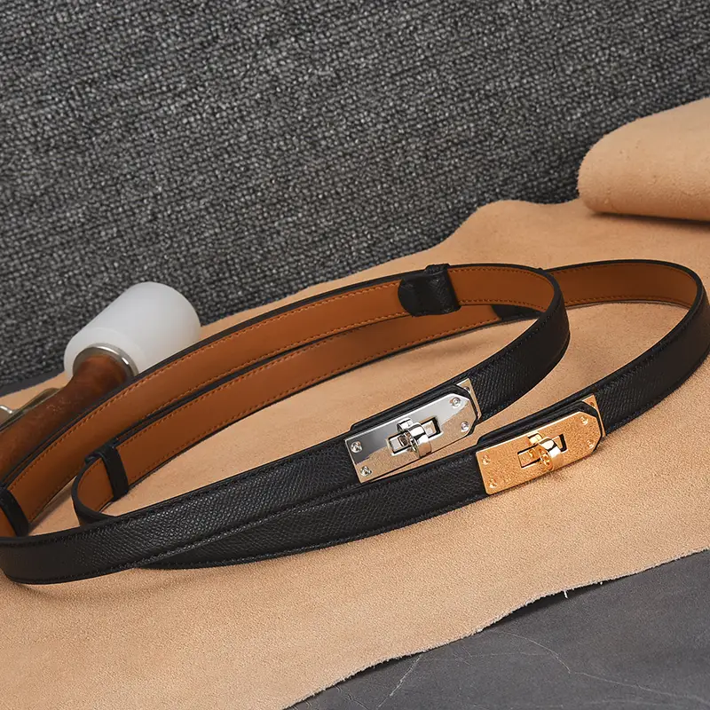 Women's Genuine Leather Buckle Belt Brown Narrow Girdle Suit Dress - Image 12