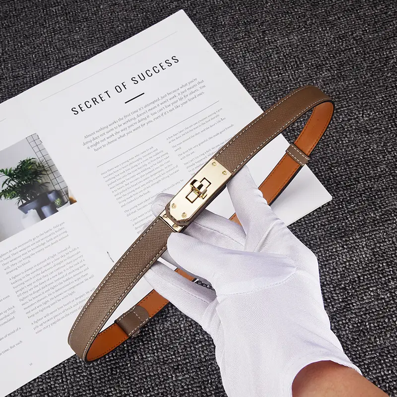 Women's Genuine Leather Buckle Belt Brown Narrow Girdle Suit Dress - Image 14