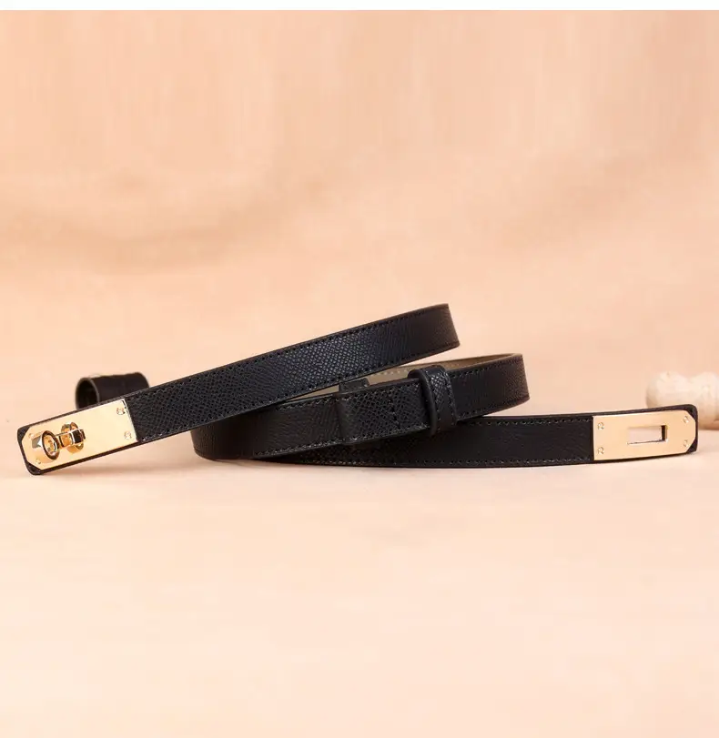Women's Genuine Leather Buckle Belt Brown Narrow Girdle Suit Dress — feature 21