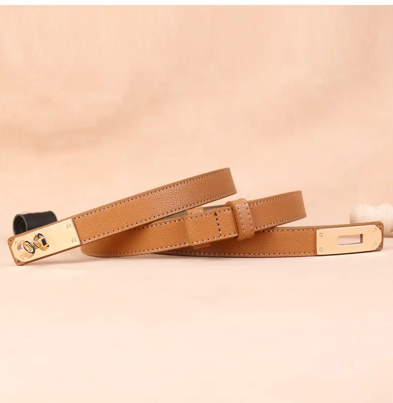 Women's Genuine Leather Buckle Belt Brown Narrow Girdle Suit Dress — feature 22