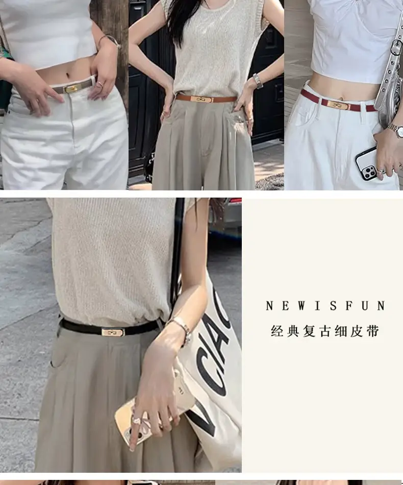 Women's Genuine Leather Buckle Belt Brown Narrow Girdle Suit Dress — feature 7