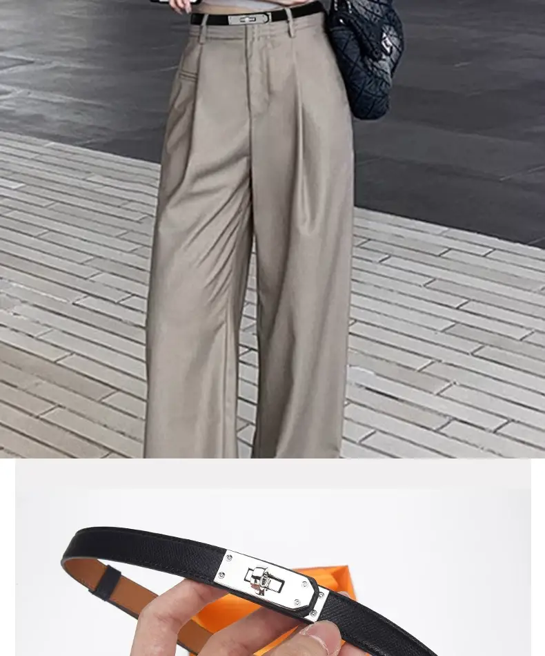 Women's Genuine Leather Buckle Belt Brown Narrow Girdle Suit Dress — feature 9