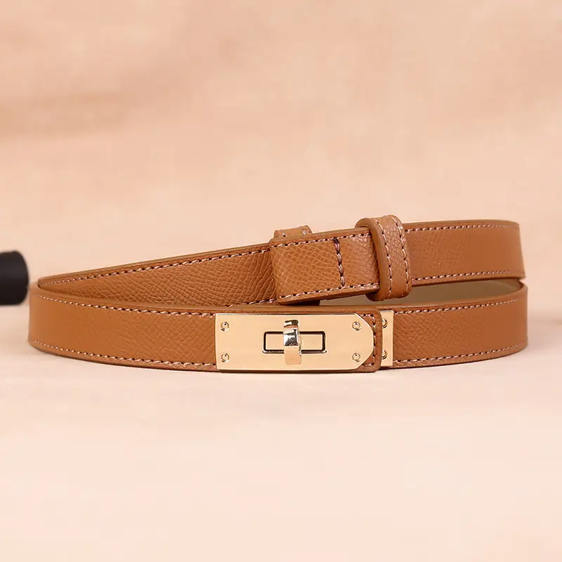 Women's Genuine Leather Buckle Belt Brown Narrow Girdle Suit Dress - Image 4